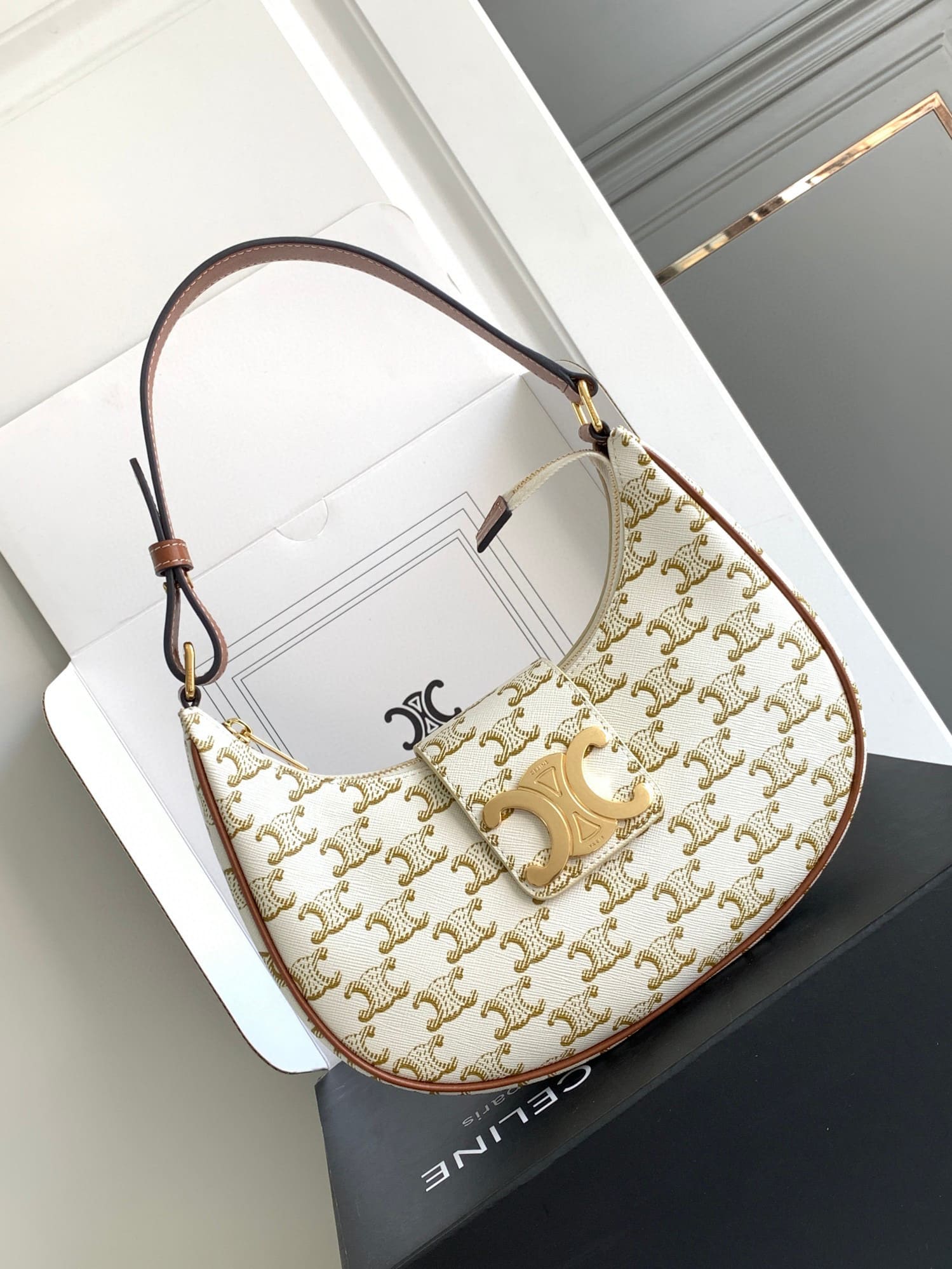 Celine Ava Triomphe Shoulder Bag - White+Gold